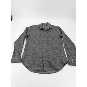 Robert Graham Sport Shirt Small Black Gray Geometric Floral Flip Cuff Camo Print